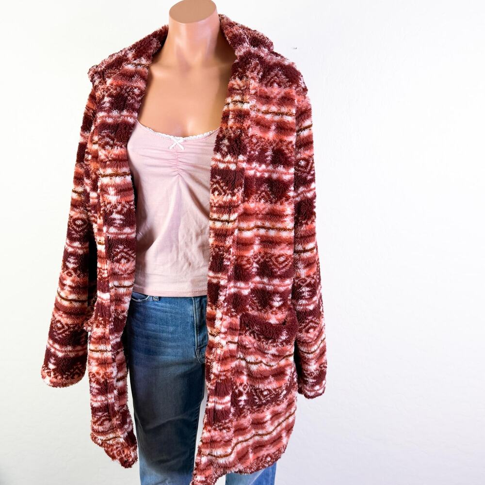 Cozy Rust Plush Teddy Fleece Coat Open Front Aztec Cabincore Burgundy Sz 2X NWT